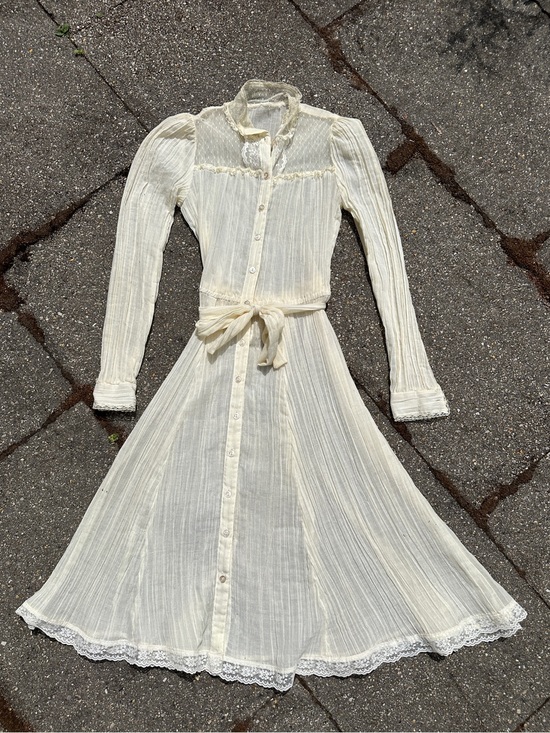 Dresses & Skirts - Vintage 70s Prairie Dress Cream Sheer Gauze Lace Yoke Ruffle Mock Neck